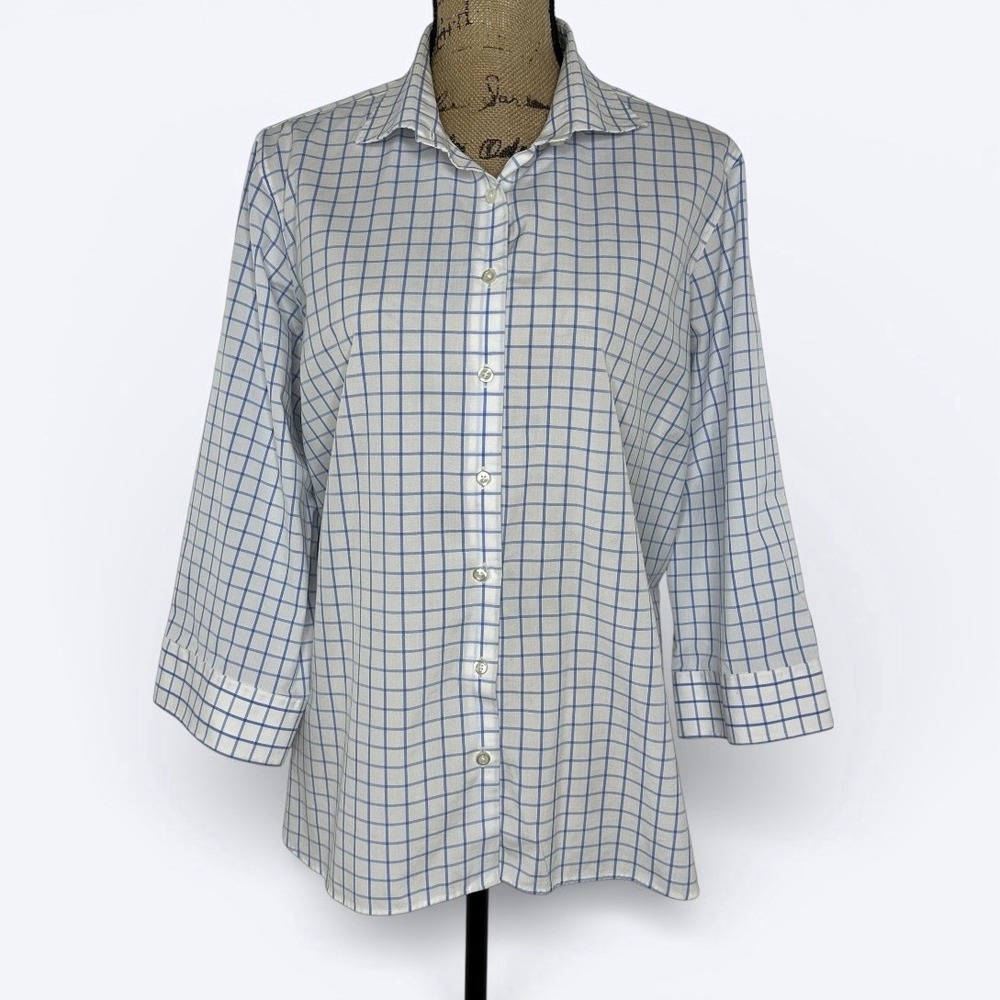 Lands‎ End Button Up Shirt Blue White Windowpane 3/4 Sleeve Office Womens 20W